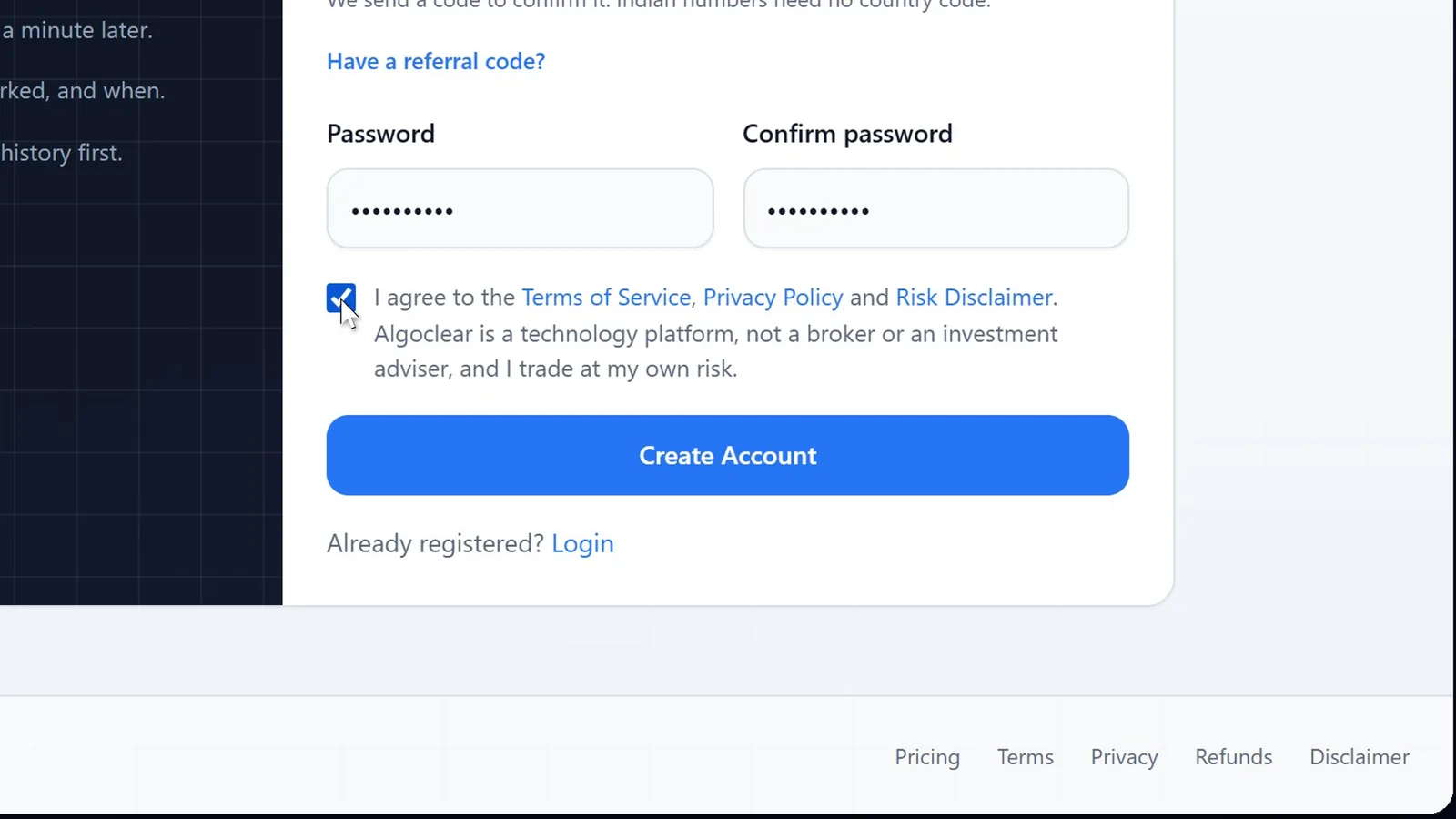 Algoclear sign-up form with name, email, WhatsApp number and password filled in and the terms ticked