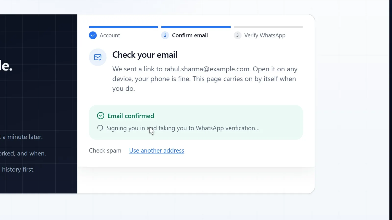Algoclear Check your email screen showing Email confirmed