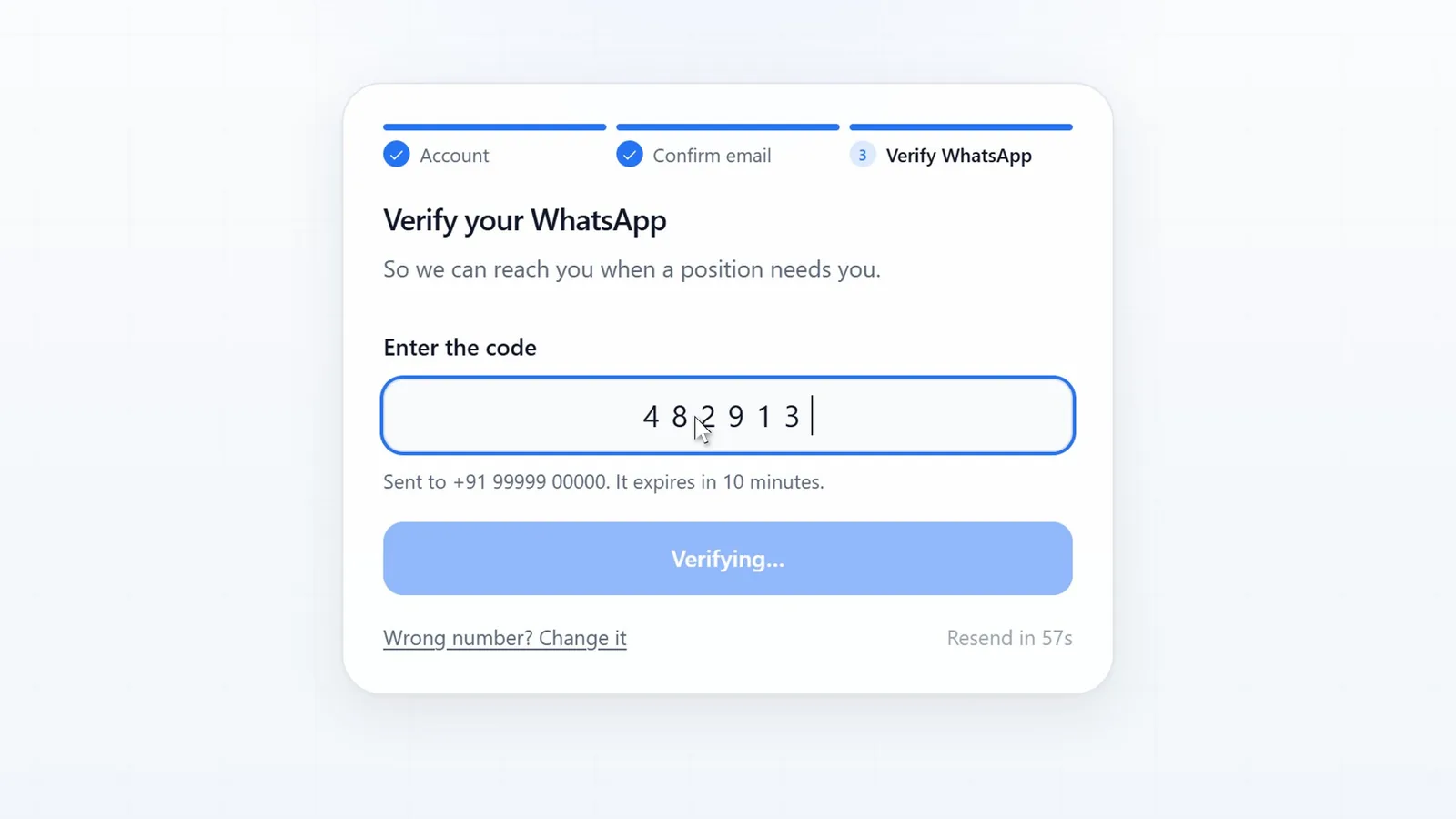 Algoclear Verify your WhatsApp screen with a six-digit code entered