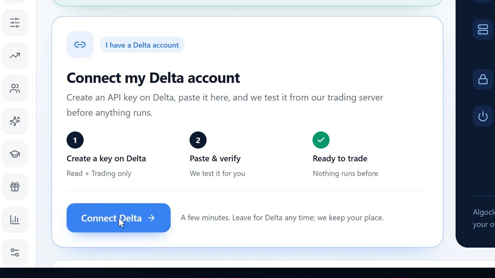 Algoclear dashboard with the Connect my Delta account card and the Connect Delta button