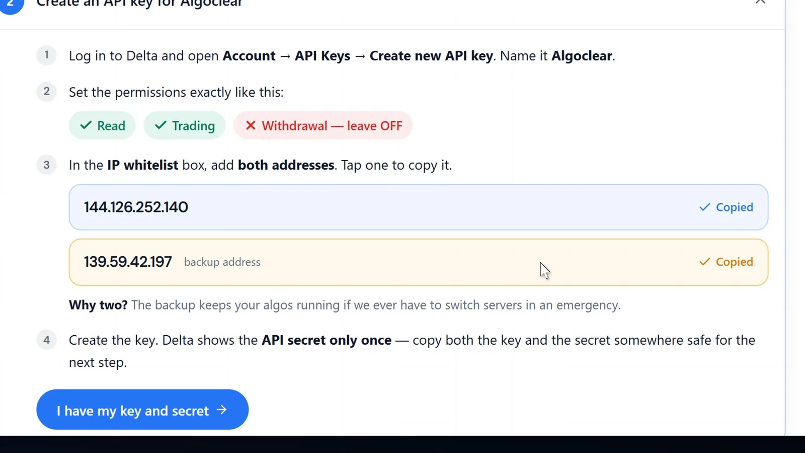 Algoclear Settings, Exchange, step 2 with the permissions to give and two IP addresses marked Copied