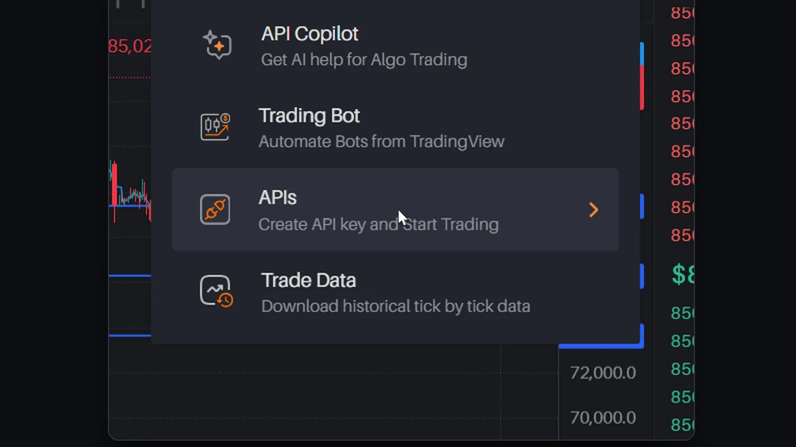 Delta Exchange India AlgoHub menu with APIs, Create API key and Start Trading highlighted