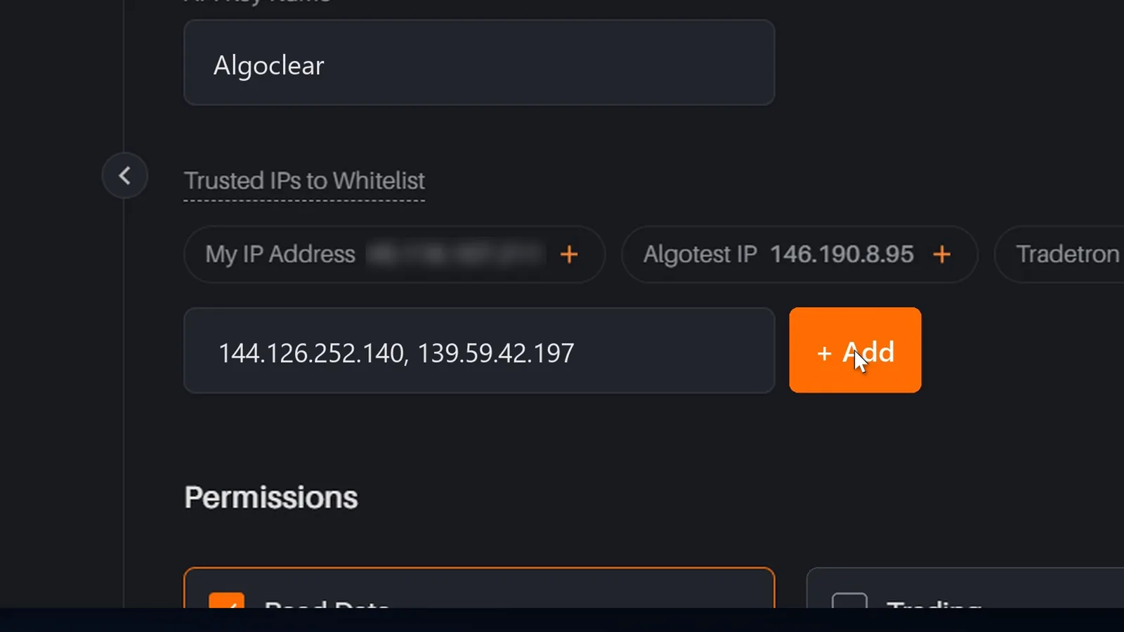 Delta Exchange create API key form with the name Algoclear and two IP addresses pasted into Trusted IPs to Whitelist
