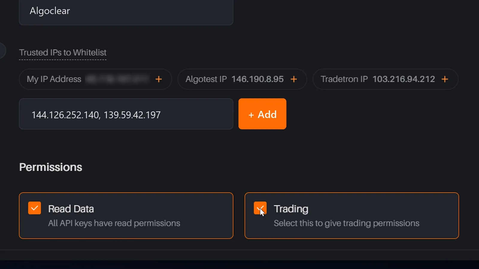 Delta Exchange API key permissions with Read Data and Trading both ticked