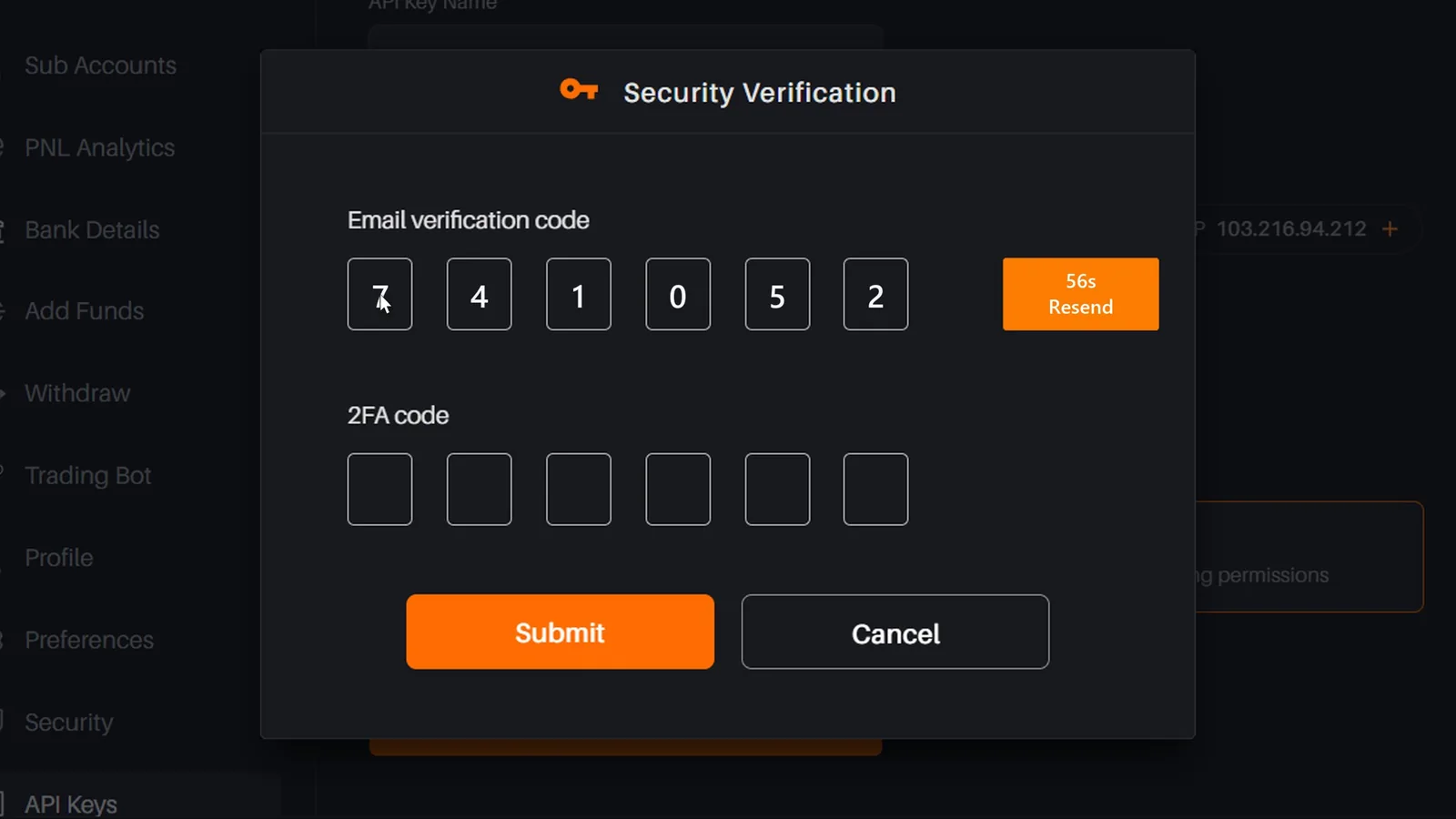 Delta Exchange Security Verification window with the six-digit email verification code entered