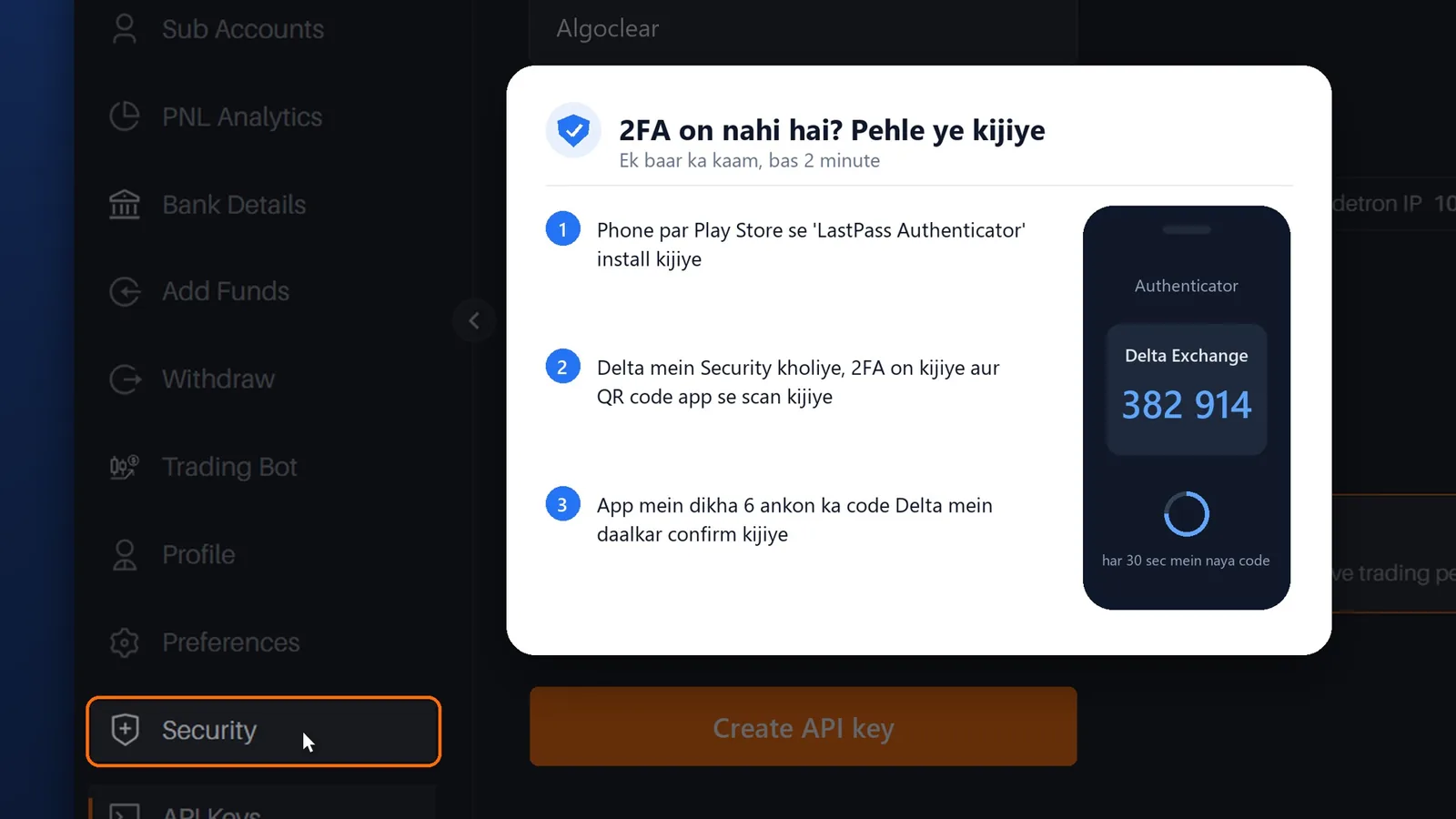 The three steps to turn on two-factor authentication: install LastPass Authenticator, turn on 2FA in Delta Security, enter the code