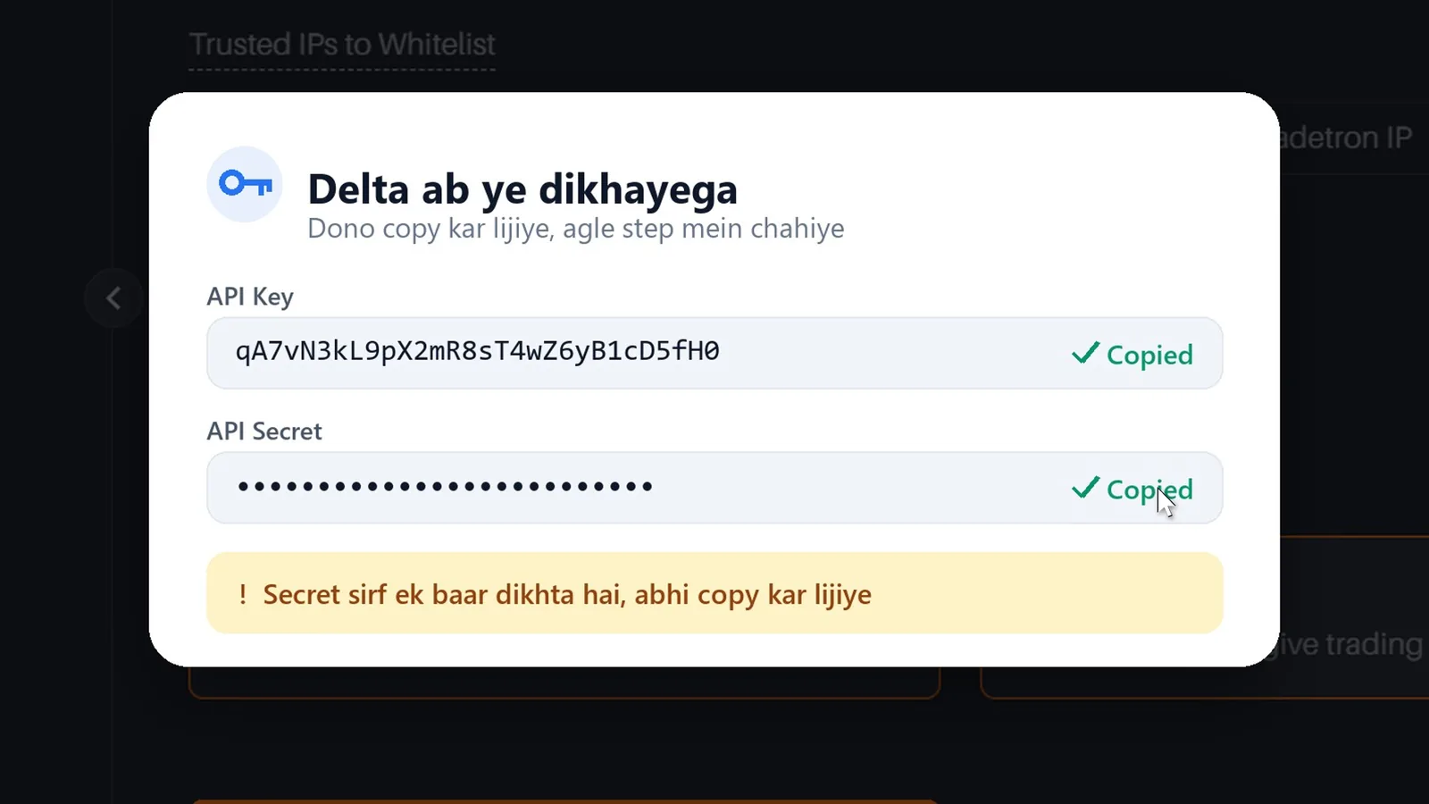 The API Key and API Secret Delta shows once the key is created, both copied