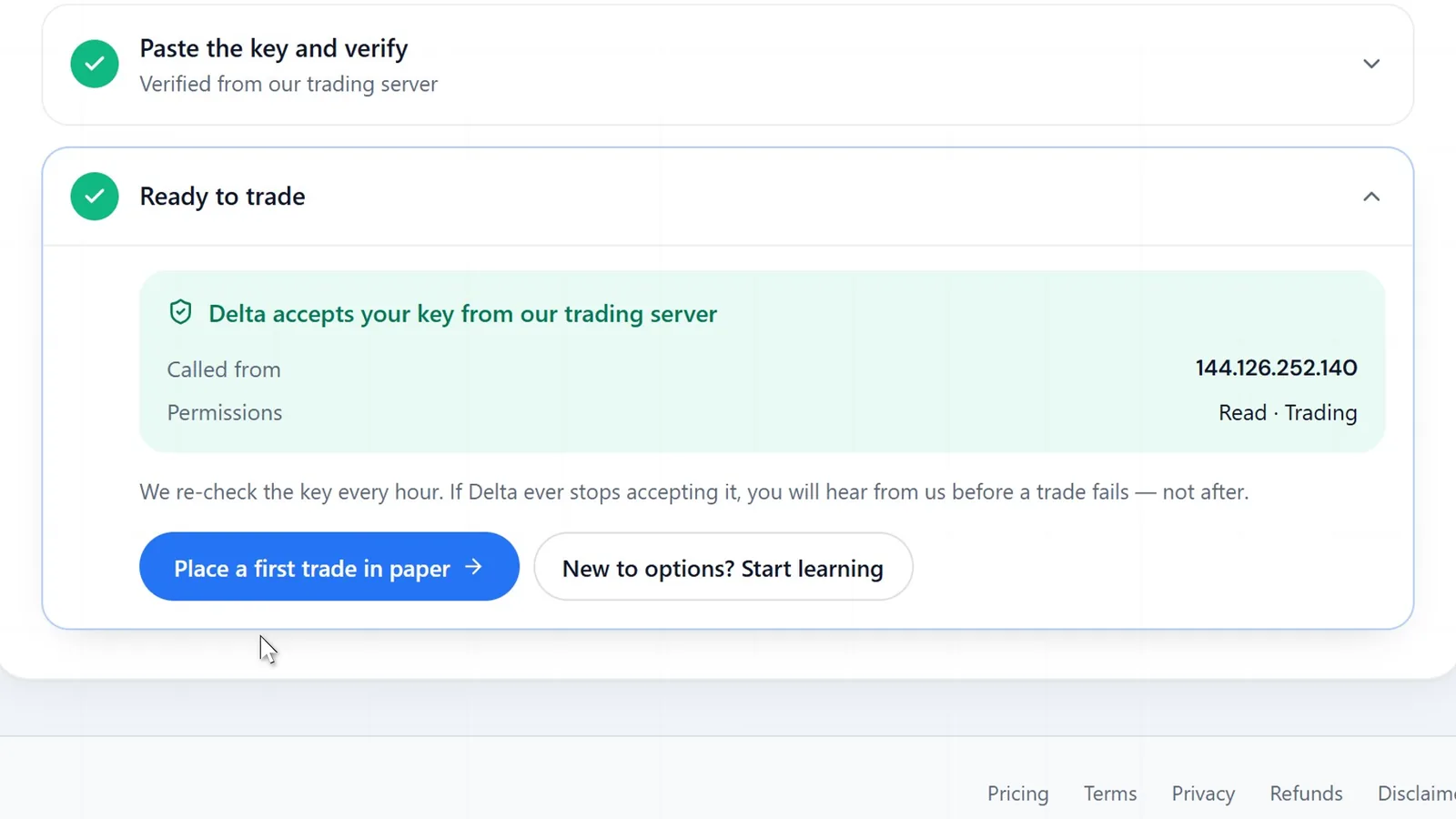 Algoclear Ready to trade: Delta accepts your key from our trading server, permissions Read and Trading